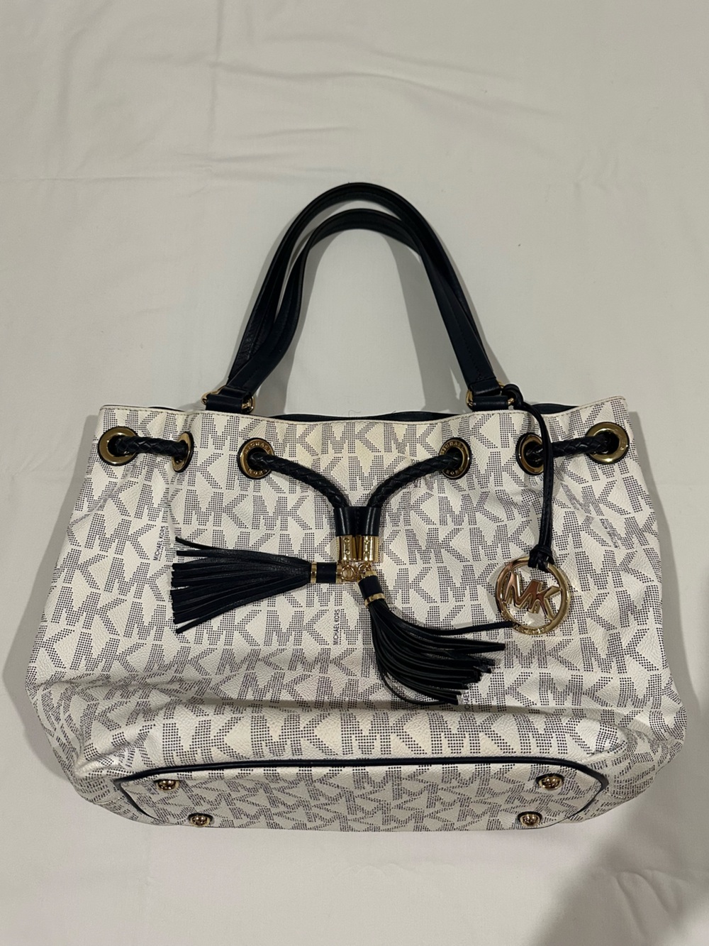 Michael Kors White MK Logo Tote with Navy Trim and Gold Hardware